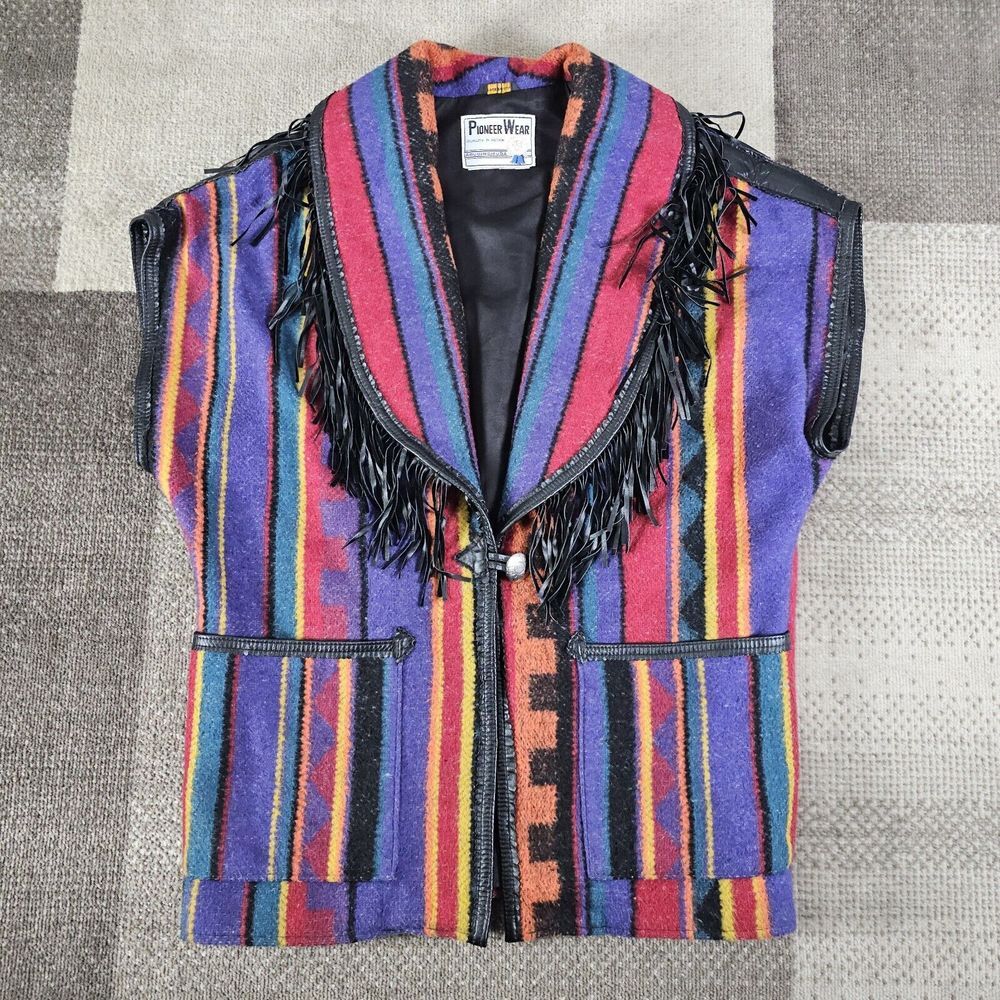 Vintage Pioneer Wear Leather/Wool Fringe Vest Chimayo/Navajo 70's Colorful XL‎